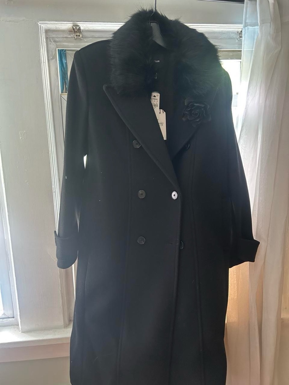 Express Black Double-Breasted Pea Coat with Faux Fur Collar